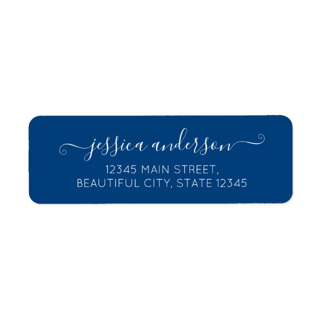 Snyggt Modern Calligraphy-skript Trendig Navy Blue Returadress Etikett (Framsidan)
