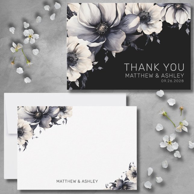 Snyggt Modern Elegant Blommigt Black Bröllop Tack Kort (Stylish Modern Elegant Floral Black White Wedding Thank You Card)