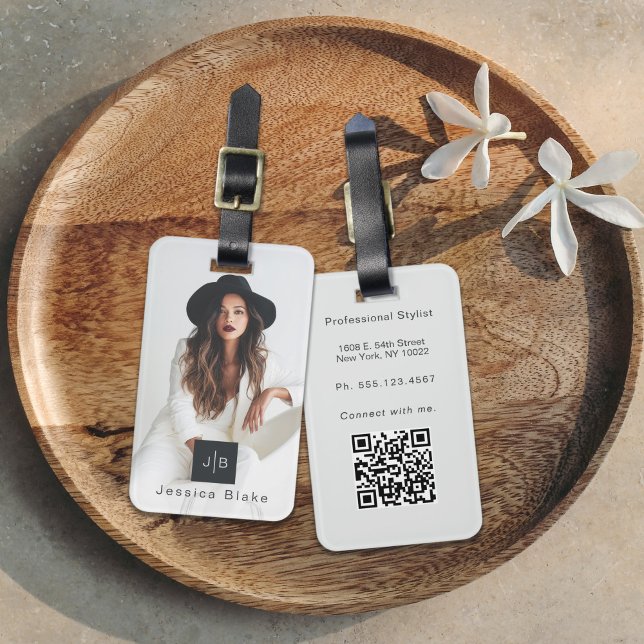 Snyggt Modern Entrepreneur Monogram Photo QR-kod Bagagebricka (Skapare uppladdad)