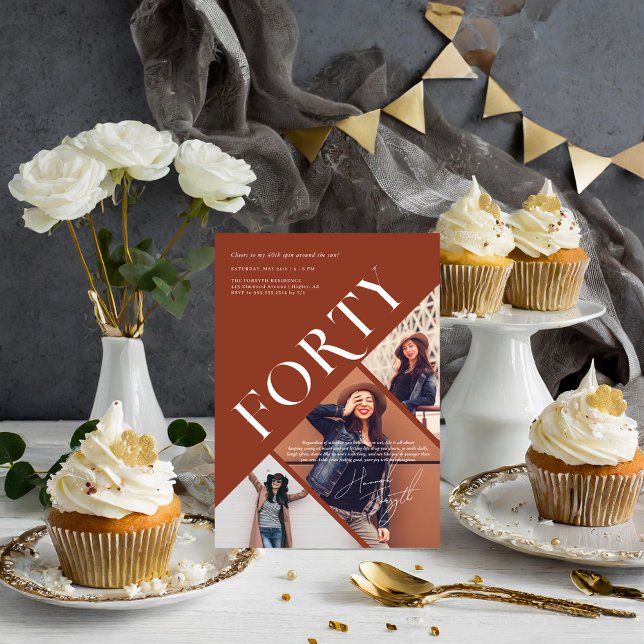 Snyggt Modern fyrtio | 40:e födelsedag 3 Foto Inbjudningar (Skapare uppladdad)