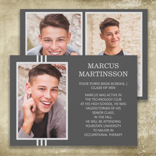 Snyggt Modern Grått Class of 2024 Studenten Photo Meddelande (Brown 3-photo graduation announcement card for boys)