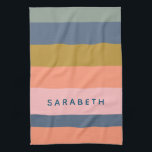 Snyggt Modern Rand Söt Earth Tones Anpassningsbar Kökshandduk<br><div class="desc">Tillsätt en snyggt i köket med den här moderna, stripade kökshandduken med mjuka jordtoner. Den vackra blandningen av marin, persiko-, korall-, rosa-, ochre- och sage-grönt skapar en chic och ett trendig som kompletterar alla köksdekorationer. Oavsett om du torkar diskar eller använder dem som accent ger handduken både funktioner och stil....</div>