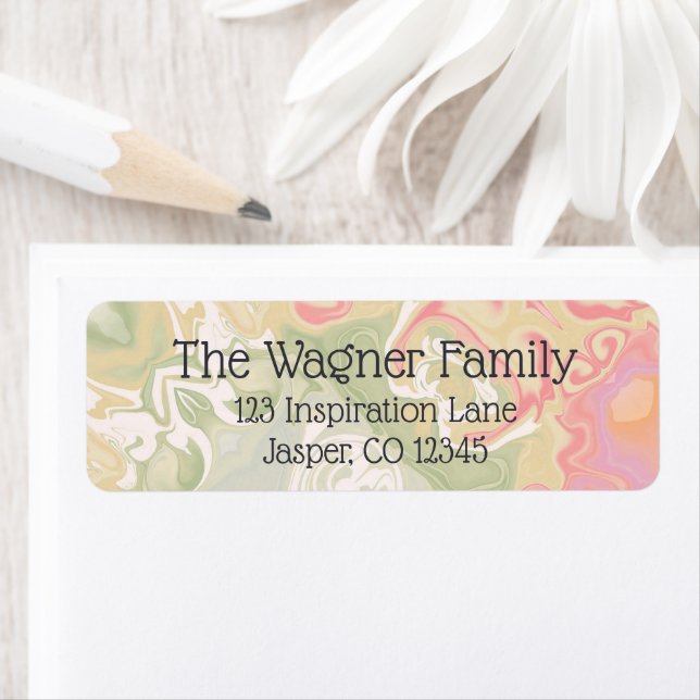 Snyggt Modern Rosa and Grönt Abstrakt Swirl Returadress Etikett (Insitu)