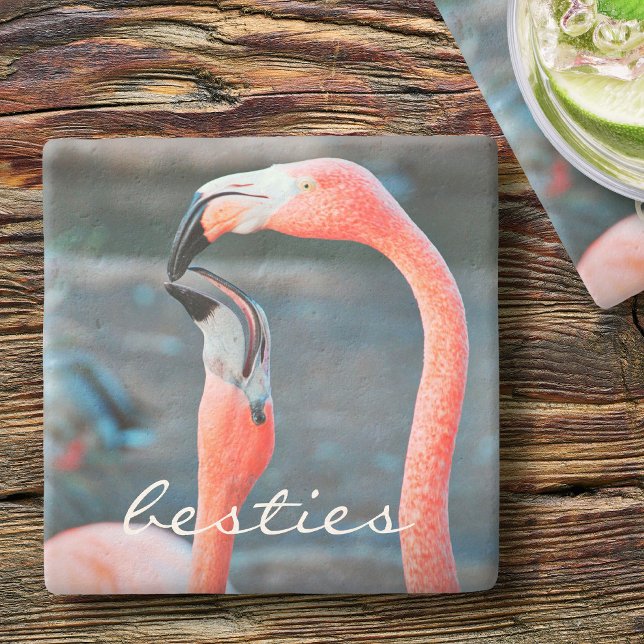 Snyggt Modern Rosa Flamingos Photo Besties-skript Stenunderlägg (Skapare uppladdad)