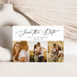 Snyggt Modern skript 3-foto-multifoto Spara Datumet<br><div class="desc">Den här eleganten sparar datumen med 3 foton med ett snyggt,  modernt kalligrafiskript. Lägg till ytterligare information på baksidan.</div>