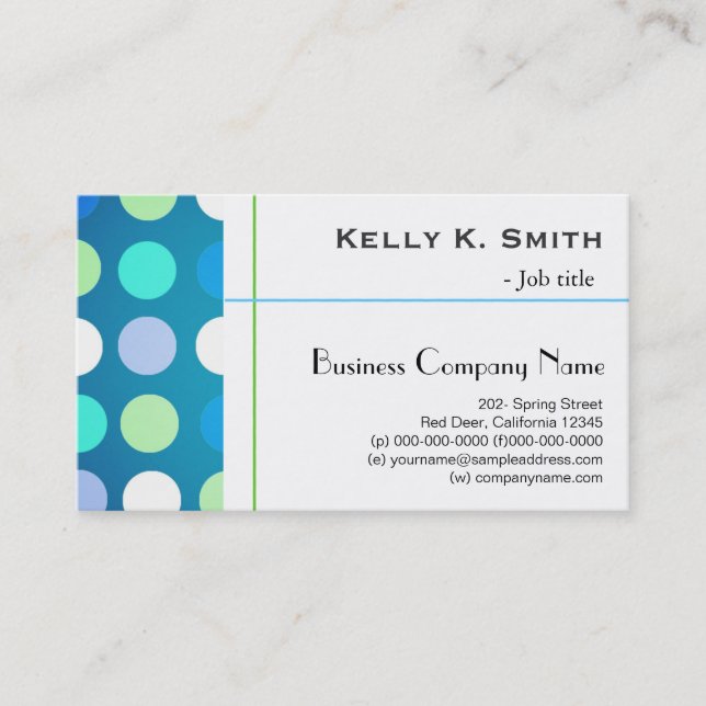 Snyggt modern, trendig, stor blå, grönt polka dots visitkort (Framsida)