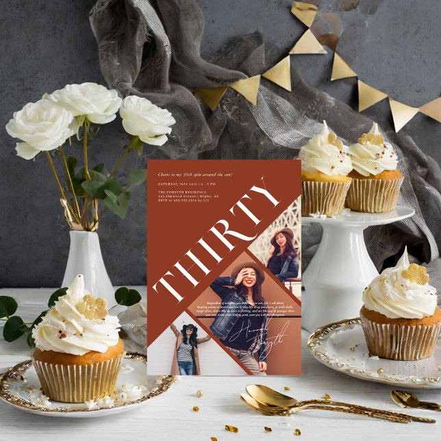 Snyggt Modern trettio | 30års födelsedag 3-foto Inbjudningar (Skapare uppladdad)