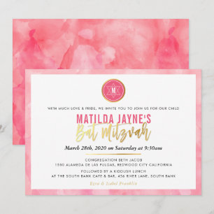 SNYGGT MONOGRAM BAT MITZVAH korall rosa guld Inbjudningar