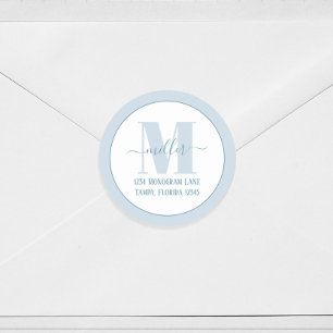 Snyggt Monogram Blue Simple Returadress Runt Klistermärke