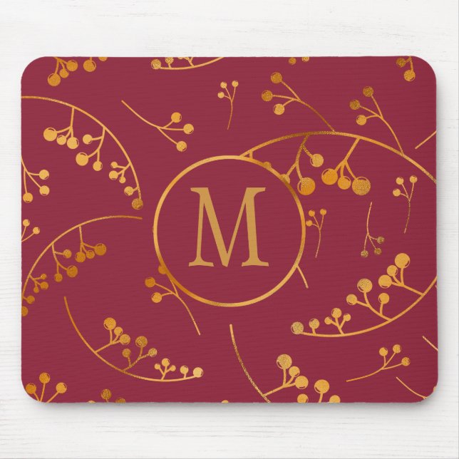 Snyggt monogram guld marsala rosa berry mönster musmatta (Framsidan)
