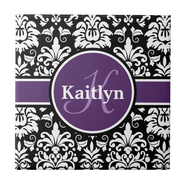 Snyggt Monogram Lila Black White Damask Kakelplatta (Framsidan)