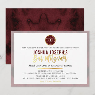 SNYGGT MONOGRAM PUB MITZVAH maronröd mörk guld Inbjudningar