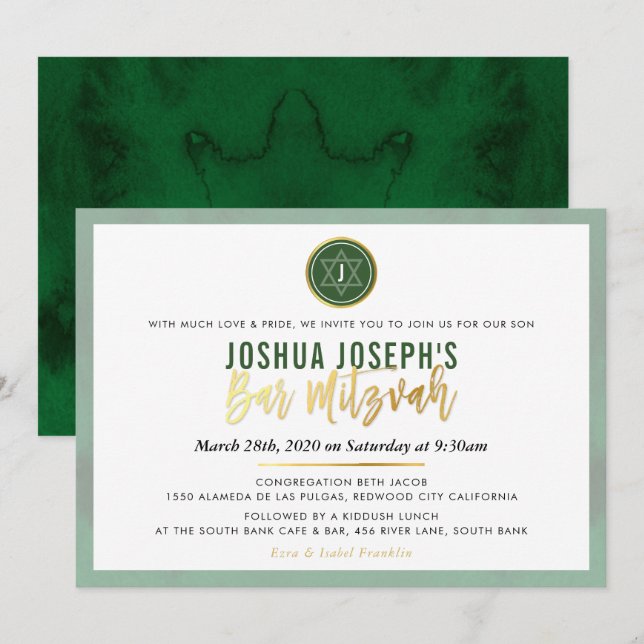 SNYGGT MONOGRAM PUB MITZVAH skogen grönt guld Inbjudningar (Fram/baksida)