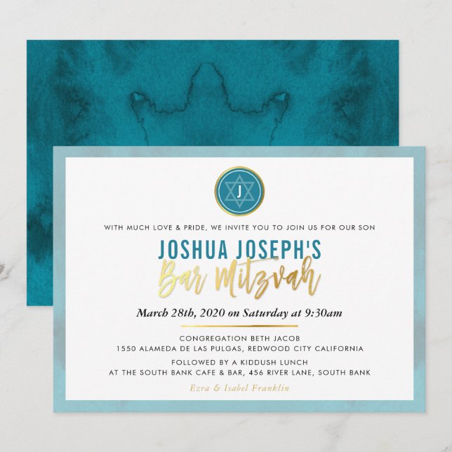 SNYGGT MONOGRAM PUB MITZVAH teal blue guld Inbjudningar (Fram/baksida)