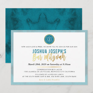 SNYGGT MONOGRAM PUB MITZVAH teal blue guld Inbjudningar