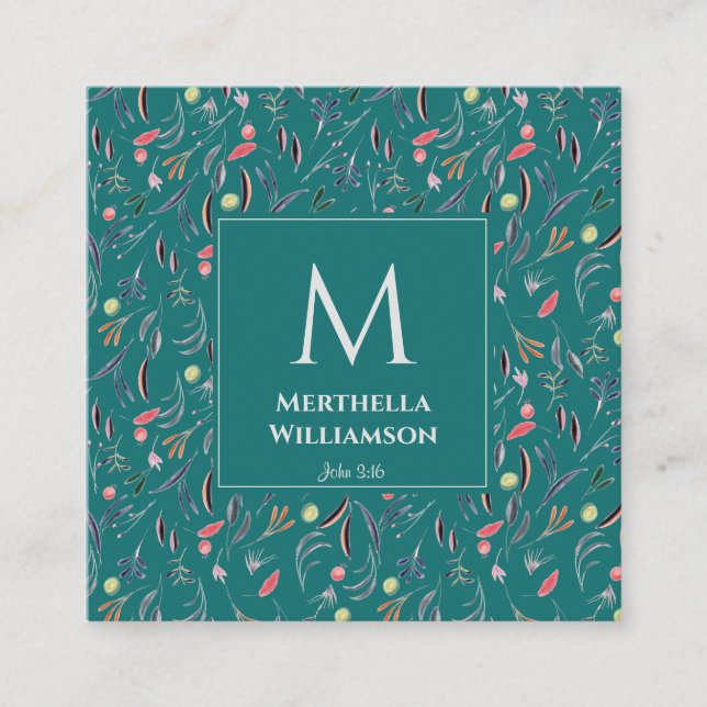 Snyggt MONOGRAM Teal Blue-Blommigt Fyrkantigt Visitkort (Framsida)
