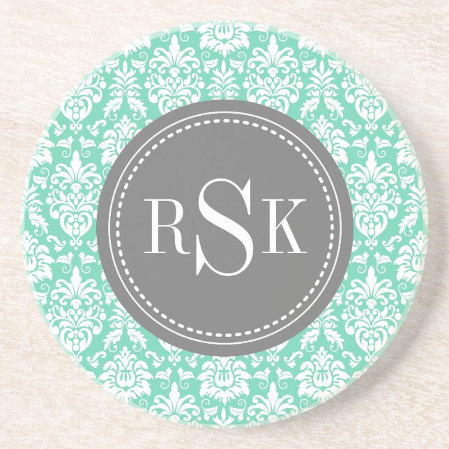 Snyggt Monogram Trio Mint Damask Underlägg Sandsten (Framsidan)