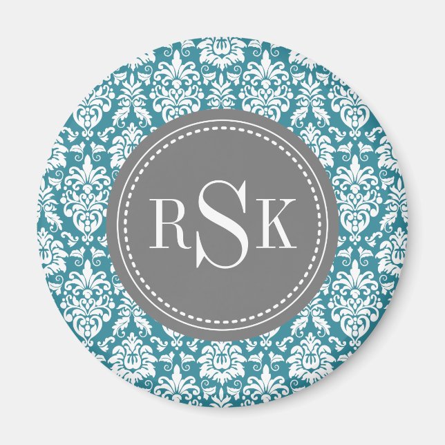 Snyggt Monogram Trio Teal Damask Magnet (Framsidan)