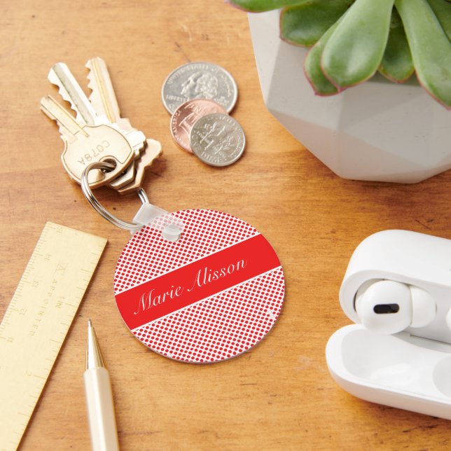 Snyggt, monogrammat Red Polka dots mönster vit Nyckelring (Skrivbord)