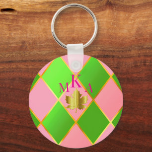 Snyggt Monogrammed Rosa och Grönt Argyle Nyckelring
