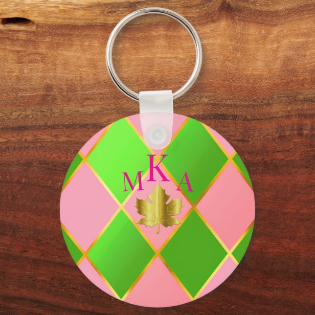 Snyggt Monogrammed Rosa och Grönt Argyle Nyckelring (Framsida)