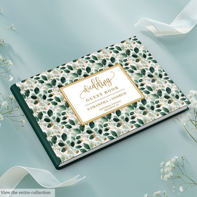Snyggt Mörk grönt och Guld Bröllop Guest Bok (Stylish Dark Green And Gold Wedding Guest Book)
