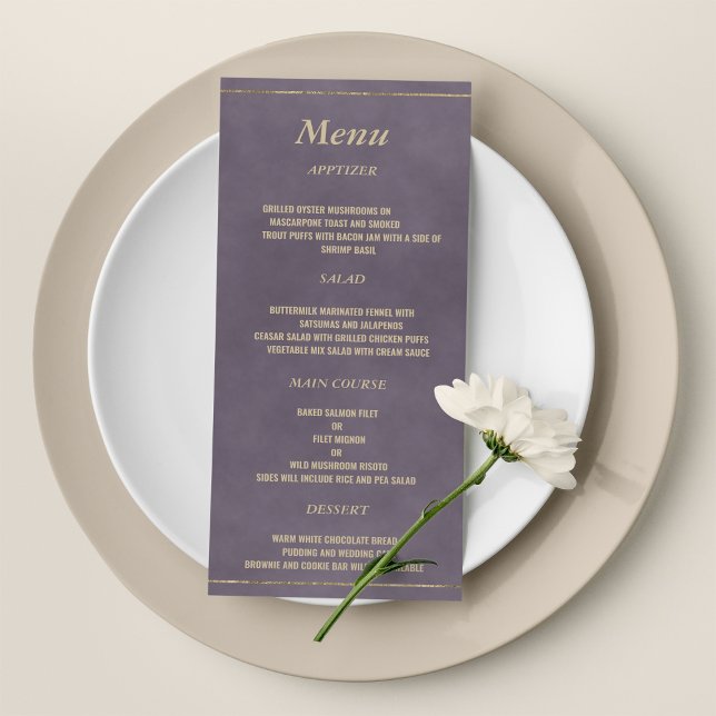 Snyggt mörk lavender lilac guld Bröllop Menu Program (Stylish dark lavender lilac gold Wedding Menu)