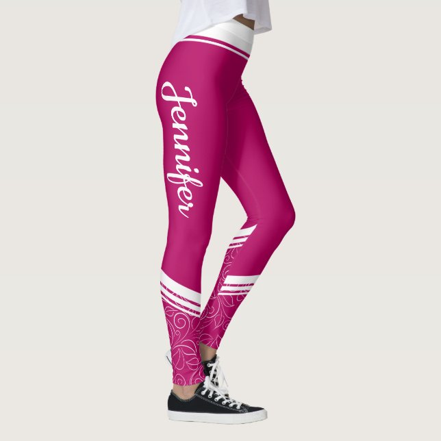 Snyggt mörk magenta blommigt  vit rand och namn leggings (Höger)