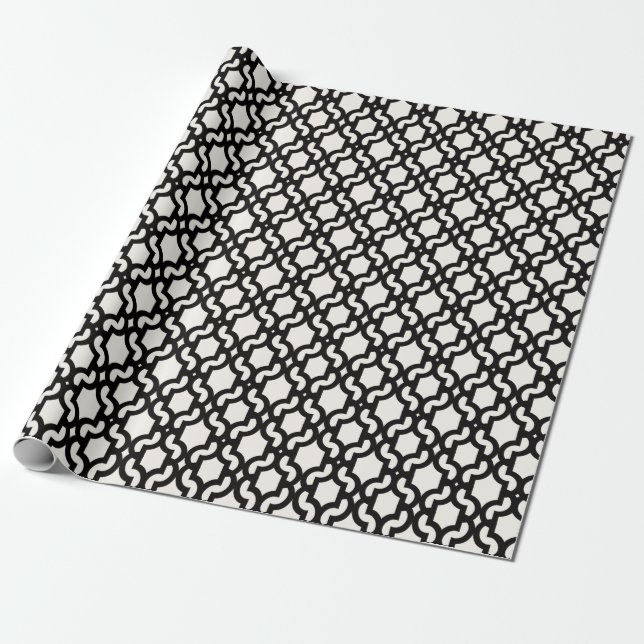 Snyggt Moroccan Black Quatrefoil Lattice Mönster Presentpapper (Utrullad)