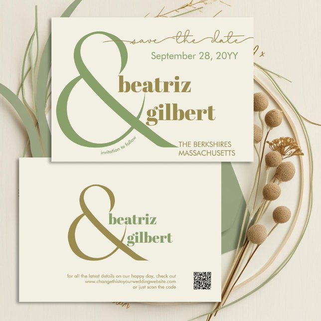 Snyggt Moss och Oliv grönt moderna Bröllop Spara Datumet (Modern elegance for your save the date with beautiful typography in shades of green and cream)