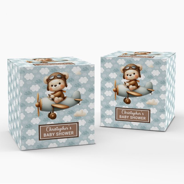 Snyggt Nalle Pilot Blue Party Favoritbox Presentaskar (Stylish Teddy Bear Pilot Blue Party Favor Box)