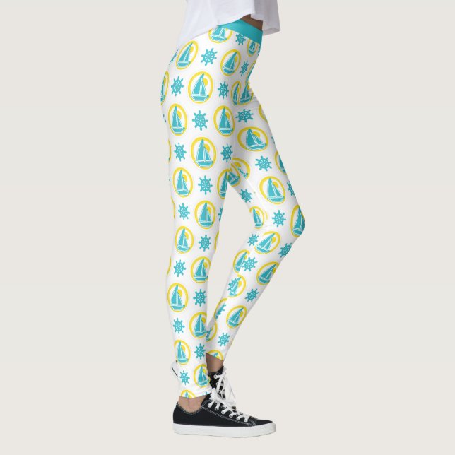 Snyggt Nautical Sailboat Blue Gult Yoga Leggings (Höger)