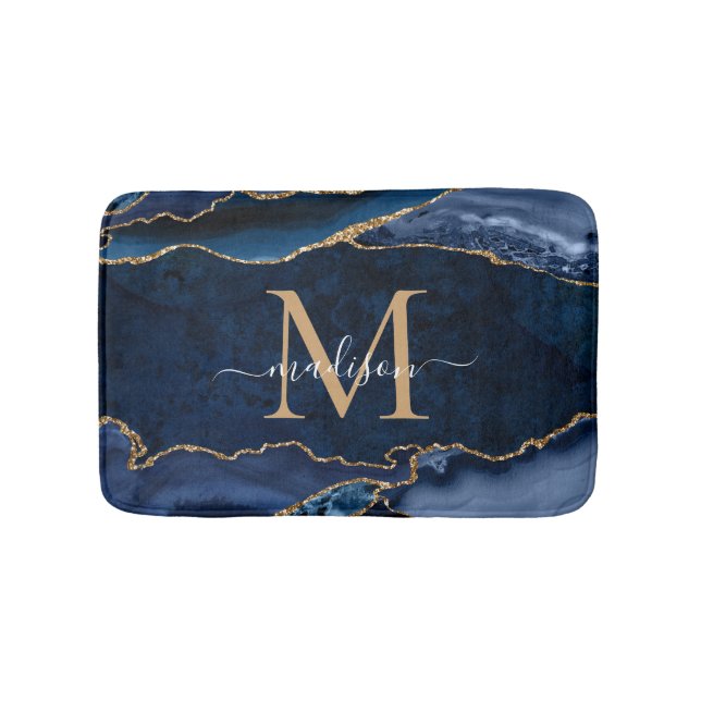 Snyggt Navy Blue Guld Agate Geode Chic Monogram Badrumsmatta (Framsidan)