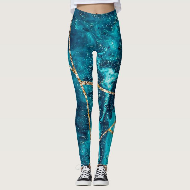 Snyggt Navy Blue Guld Agate Geode Chic Monogram Leggings (Framsida)