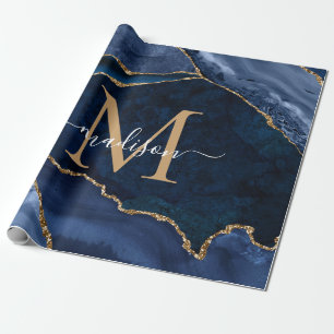 Snyggt Navy Blue Guld Agate Geode Chic Monogram Presentpapper