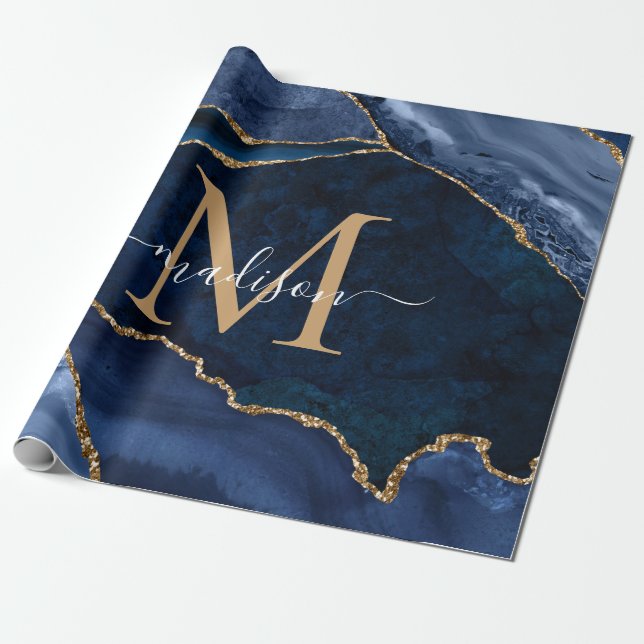 Snyggt Navy Blue Guld Agate Geode Chic Monogram Presentpapper (Utrullad)