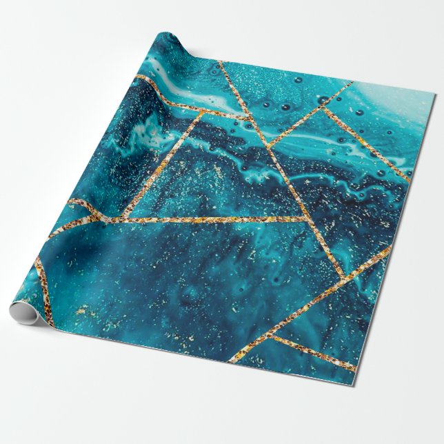 Snyggt Navy Blue Guld Agate Geode Chic Monogram Presentpapper (Utrullad)