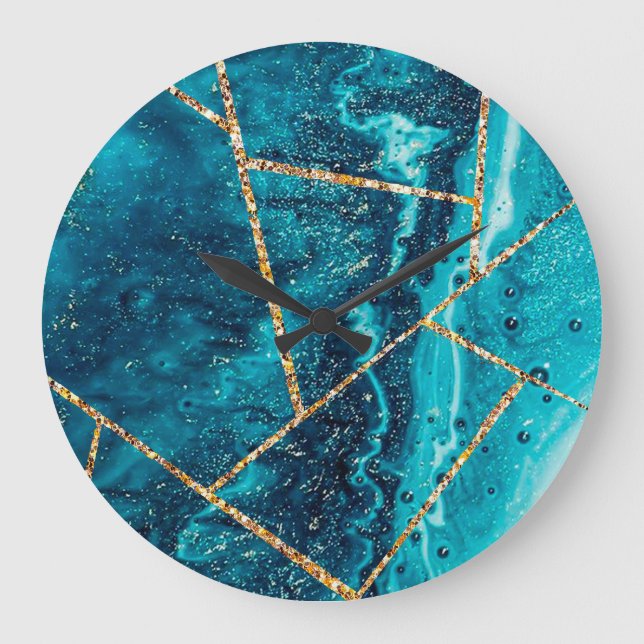 Snyggt Navy Blue Guld Agate Geode Chic Monogram Stor Klocka (Framsida)