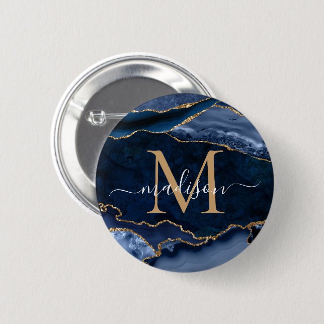 Snyggt Navy Blue Guld Agate Geode Girly Monogram Knapp (Framsida & baksida)