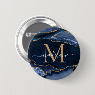 Snyggt Navy Blue Guld Agate Geode Girly Monogram Knapp
