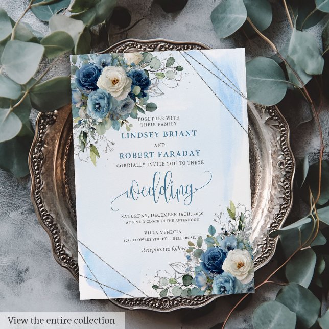 Snyggt Navy Blue Silver Vit ros Bröllop Inbjudningar (Stylish Navy Blue Silver White Roses Wedding Invite)