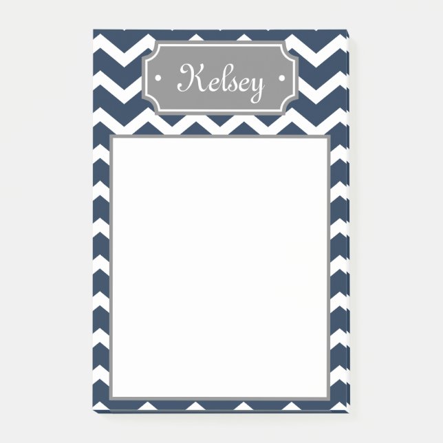 Snyggt Navy Chevron Grått Namn Post-it Block (Framsida)