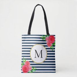 Snyggt Navy White Stripe Coral Blommigt Monogram Tygkasse