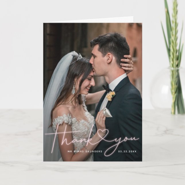 Snyggt Neon Rosa Heart Bröllop Photo Tack Kort (Framsida)