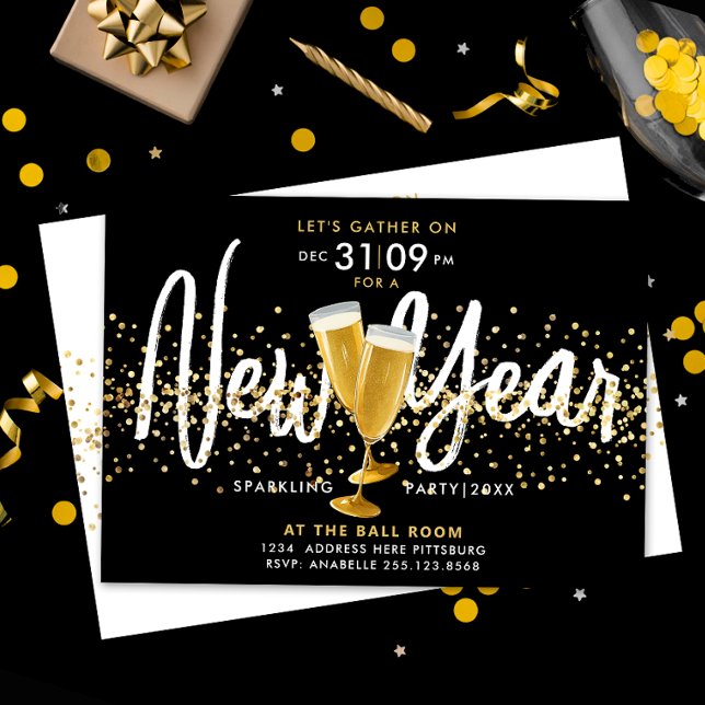 Snyggt Nya året Champagne Guld confetti Black Inbjudningar (Skapare uppladdad)