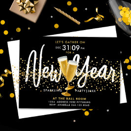 Snyggt Nya året Champagne Guld confetti Black Inbjudningar