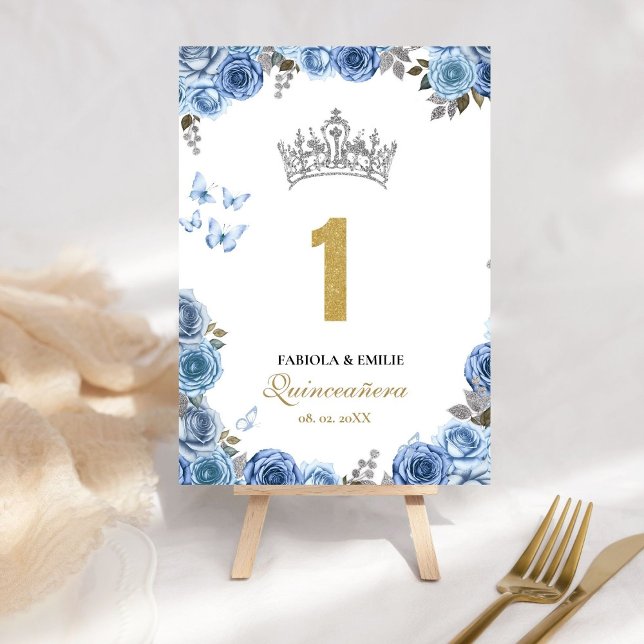 Snyggt och chic dammblått och guld quinceanera bordsnummer (Skapare uppladdad)