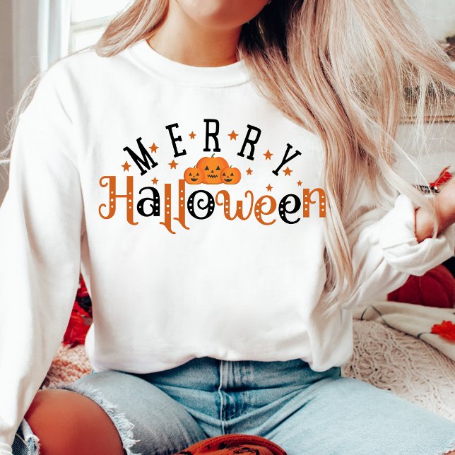 Snyggt och Trendig Merry Halloween T Shirt (Stylish and Trendy Orange and Black Festive 'Merry Halloween' Sweatshirt)