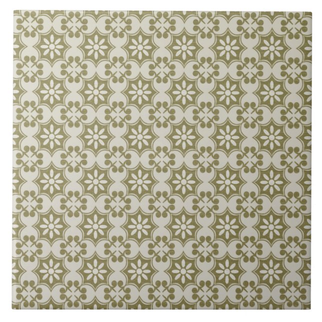 Snyggt oliv grönt Fleur de Lis upprepade mönster Kakelplatta (Framsidan)