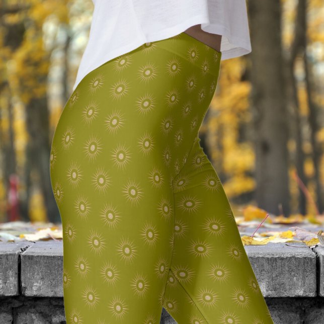 Snyggt Oliv grönt Sol Burst Mönster Leggings (Sun Burst on Olive)